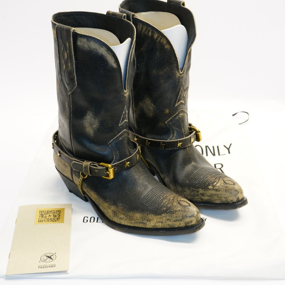 Golden Goose Wish Star Distressed Leather Boots, Black, New W COA, Bag
